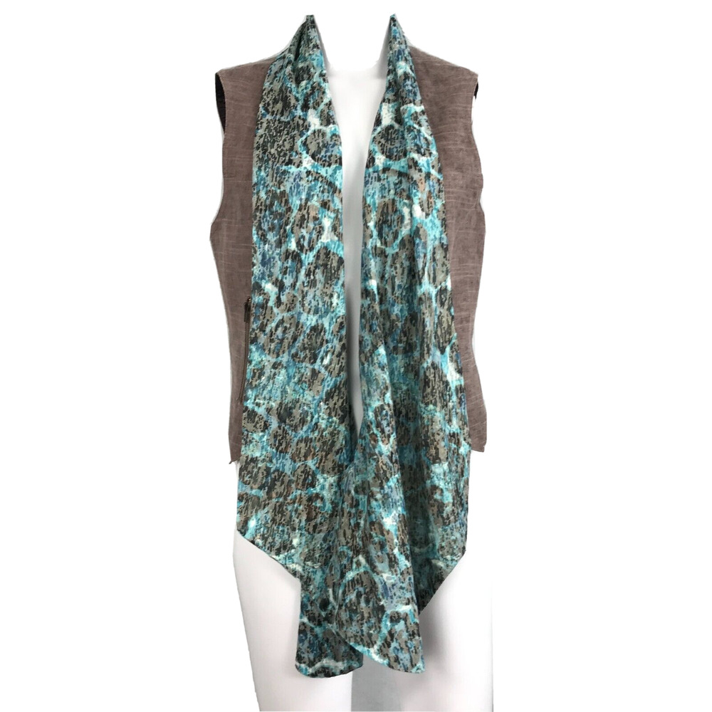 Alberto Makali Vest Womens Sz L Linen Open Cardi Top Waterfall Scarf Brown